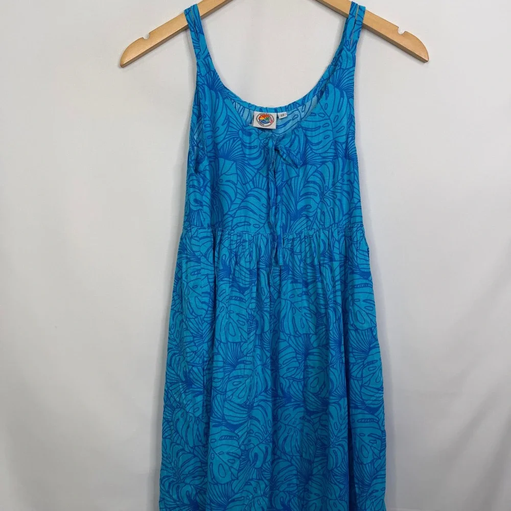 Makai Beach Hawaii Girls Blue Tropical Monstera Leaf Print Sun Dress Size 12